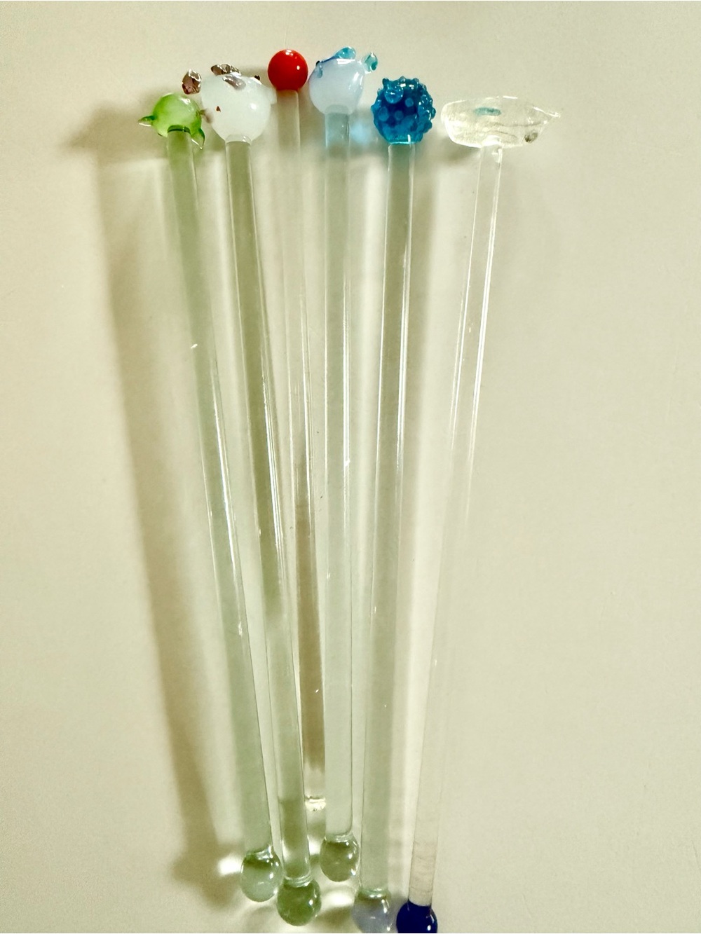 Set of 6 Hand Blown Glass Stir Sticks Animal Figurine Swizzle Sticks | Vintage